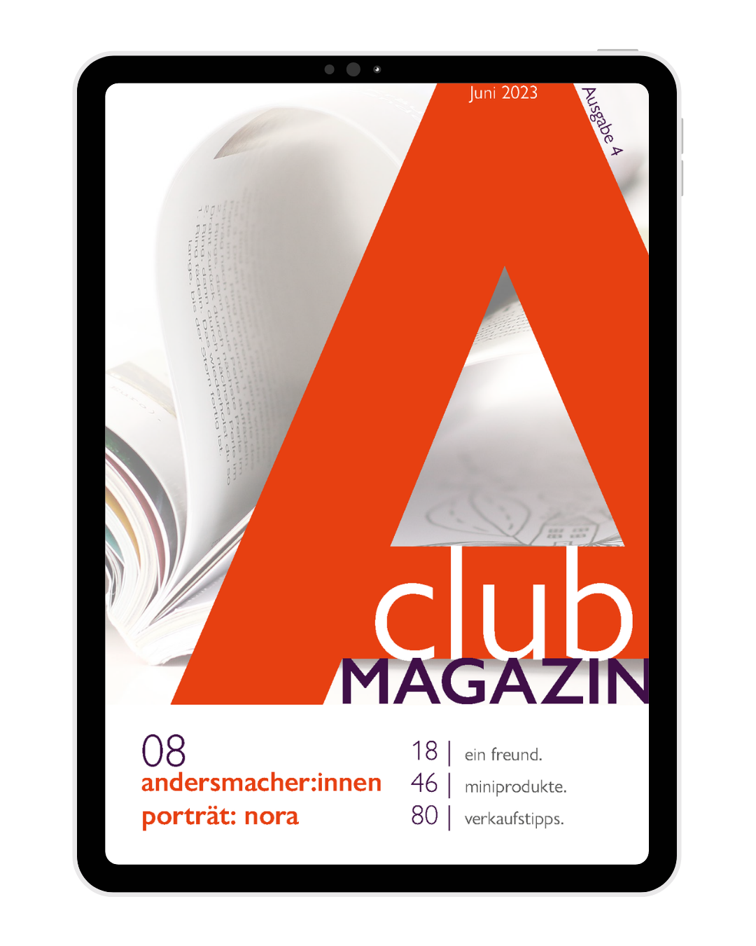 A-club-Magazin_Ausgabe-4_Juni2023 Cover der Ausgabe 4 des A:club-Magazins von Steffi Schmid