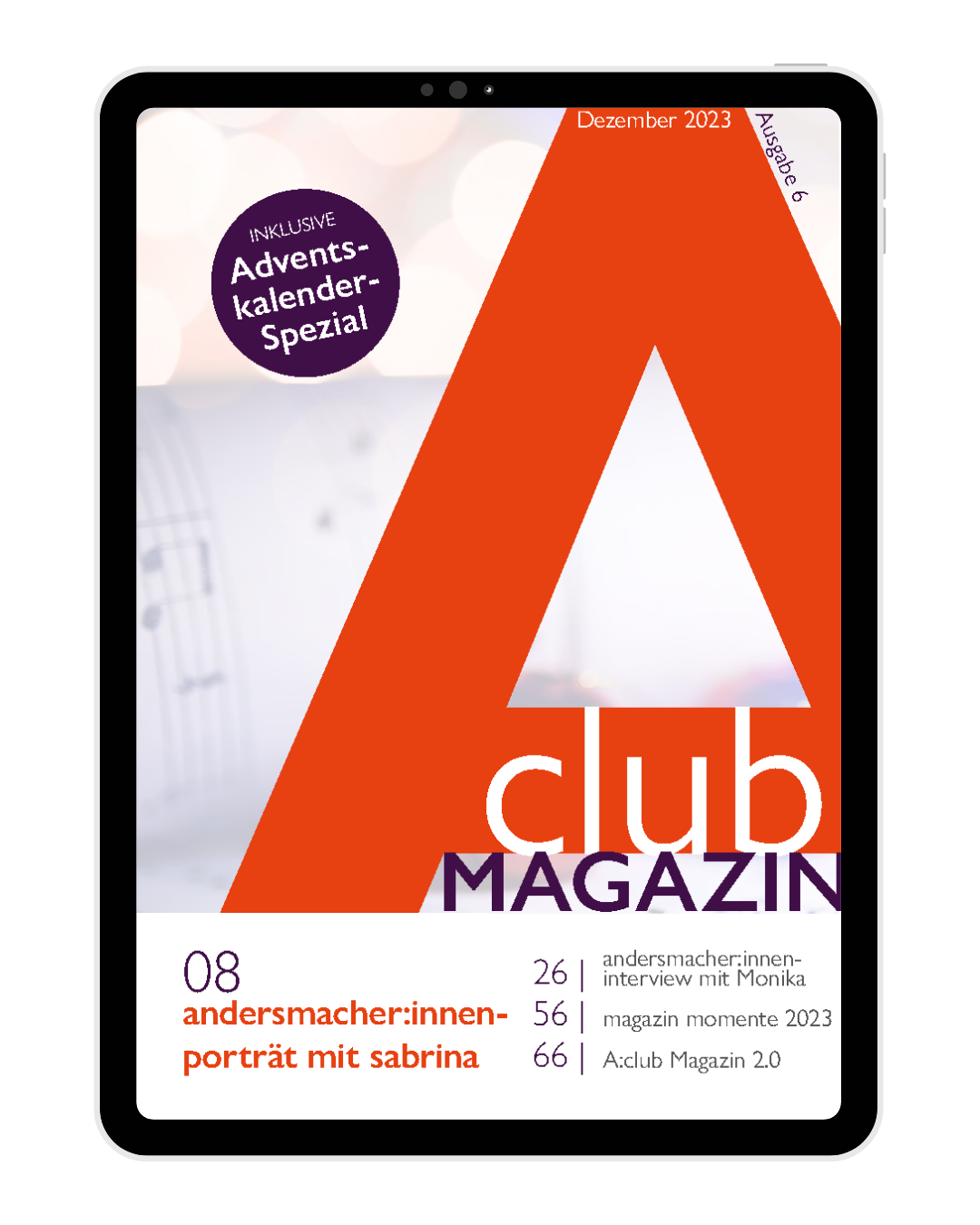 A-club-Magazin_Ausgabe-6_Dezember2023.png Cover der Ausgabe 6 des A:club-Magazins von Steffi Schmid