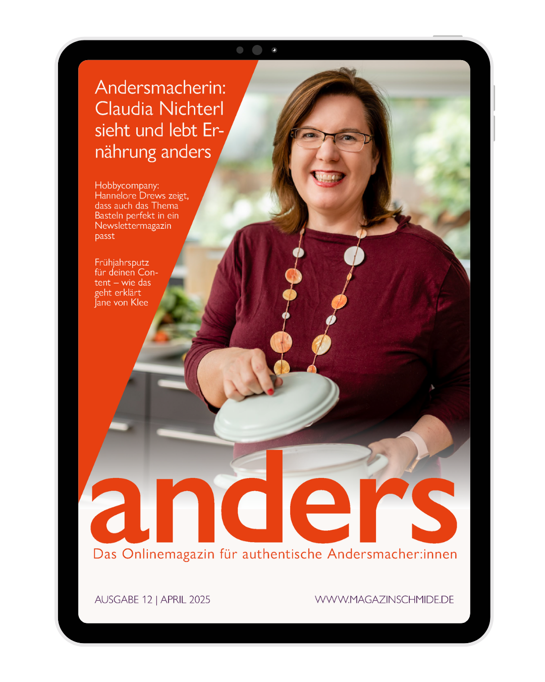 anders-Magazin_Ausgabe-12_April2025 Cover der Ausgabe 12 des anders-Magazins von Steffi Schmid mit der Andersmacherin Dr. Claudia Nichterl